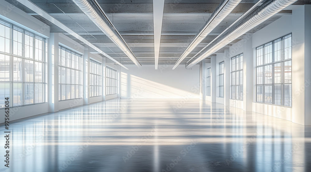 A photograph of an empty room with white walls and a concrete floor, silver air conditioning pipes running along the ceiling, and large windows on one side. A photograph of an empty room with white walls and a concrete floor, silver air conditioning pipes running along the ceiling, and large windows on one side.