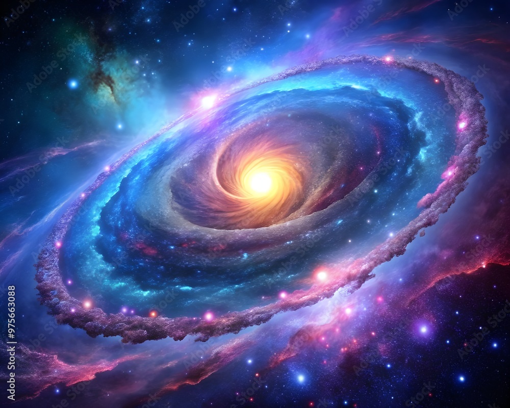 Serene Spiral Galaxy with Glowing Core Surrounded by Colorful Nebula and Stars background Serene Spiral Galaxy with Glowing Core Surrounded by Colorful Nebula and Stars background