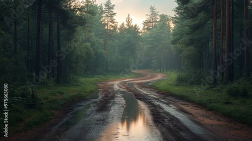 A serene winding road through lush green forest, reflecting soft morning light on wet ground. tranquil atmosphere invites exploration and connection with nature.