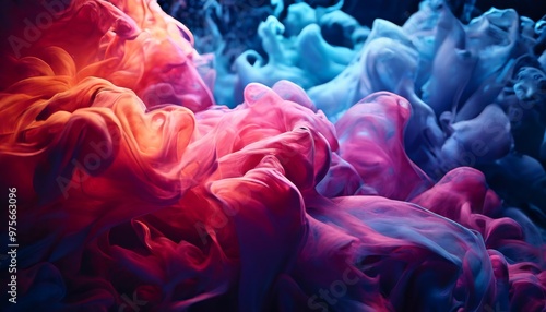 A dynamic, abstract composition captures the swirling movement of vibrant red, blue, and purple ink merging together in a cloud-like formation. The striking colors and fluid shapes create a
