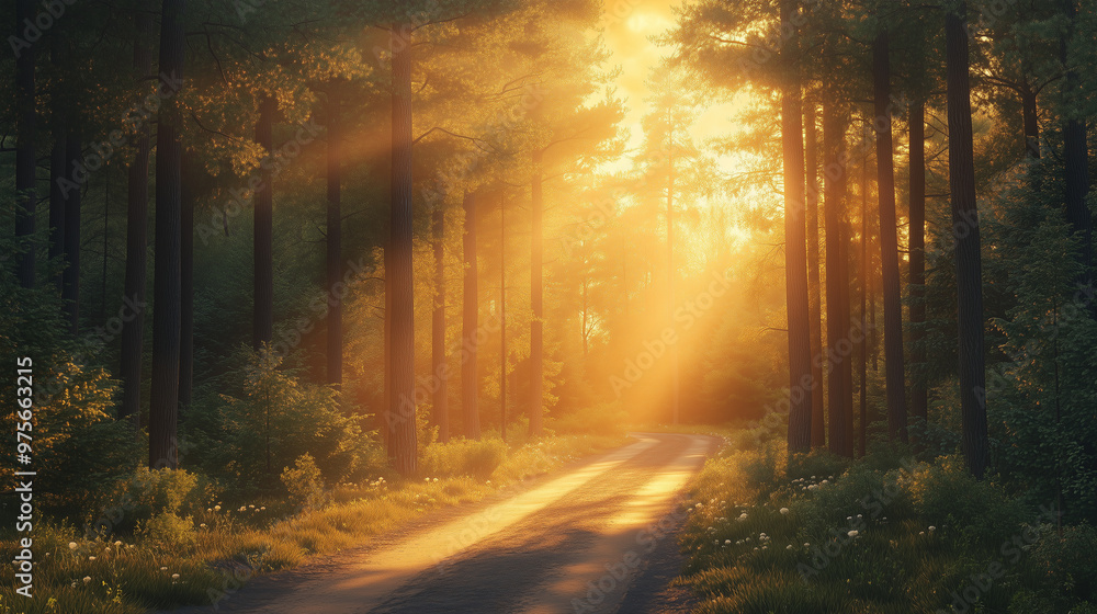 Fototapeta premium A serene forest scene bathed in golden sunlight, with rays filtering through tall trees, creating peaceful atmosphere along winding path.