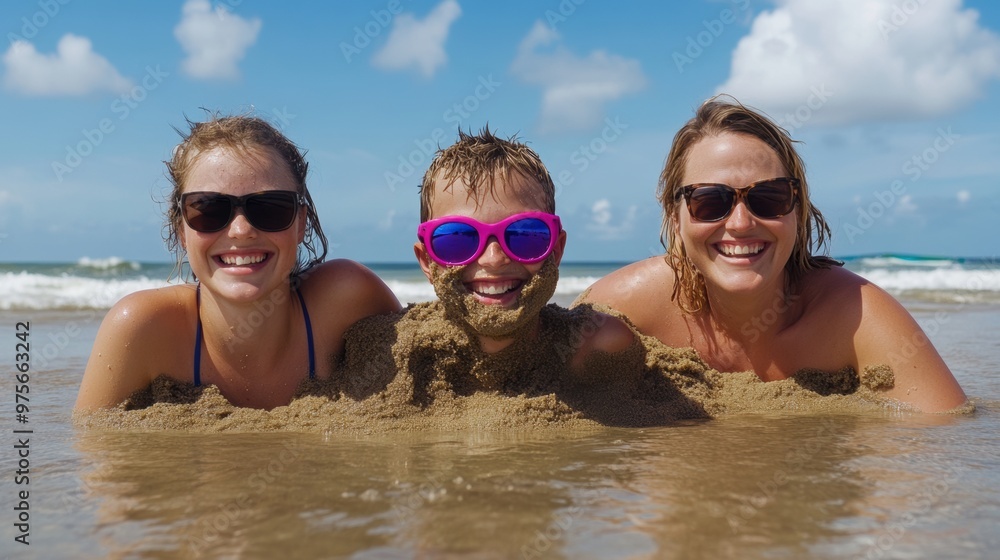 Obraz premium Three people are playing in the water at a beach, AI