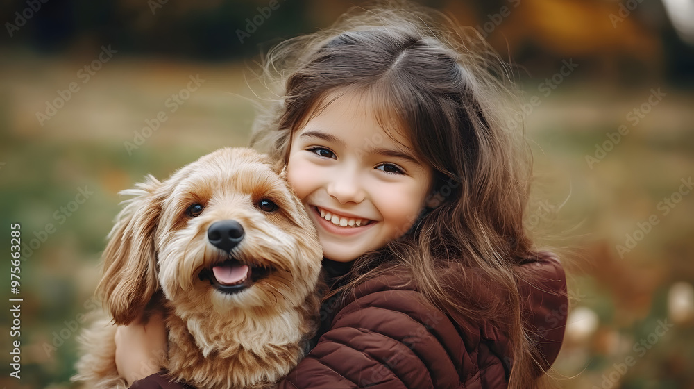 Happy girl smiling hugging dog Happy girl smiling hugging dog