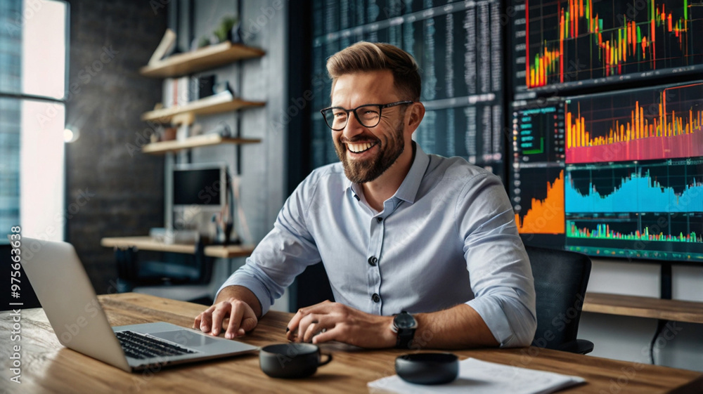 Happy stock market investor and financial advisor analyst discussing crypto exchange data trading platform analytics risks and profit growth forecast using laptop computer working at office meeting Happy stock market investor and financial advisor analyst discussing crypto exchange data trading platform analytics risks and profit growth forecast using laptop computer working at office meeting