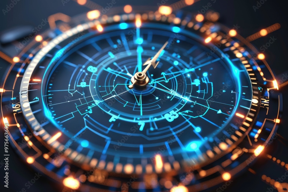 Futuristic Clock Face with Glowing Blue and Orange Lights