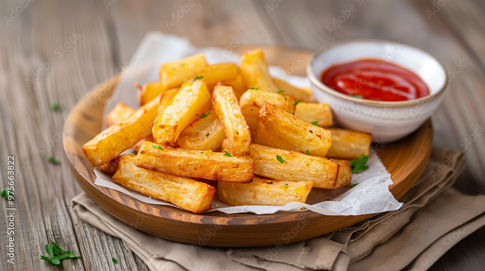Crispy golden fries served on wooden plate with side of ketchup, garnished with fresh herbs. This delicious dish is perfect for sharing or enjoying as snack. Crispy golden fries served on wooden plate with side of ketchup, garnished with fresh herbs. This delicious dish is perfect for sharing or enjoying as snack.