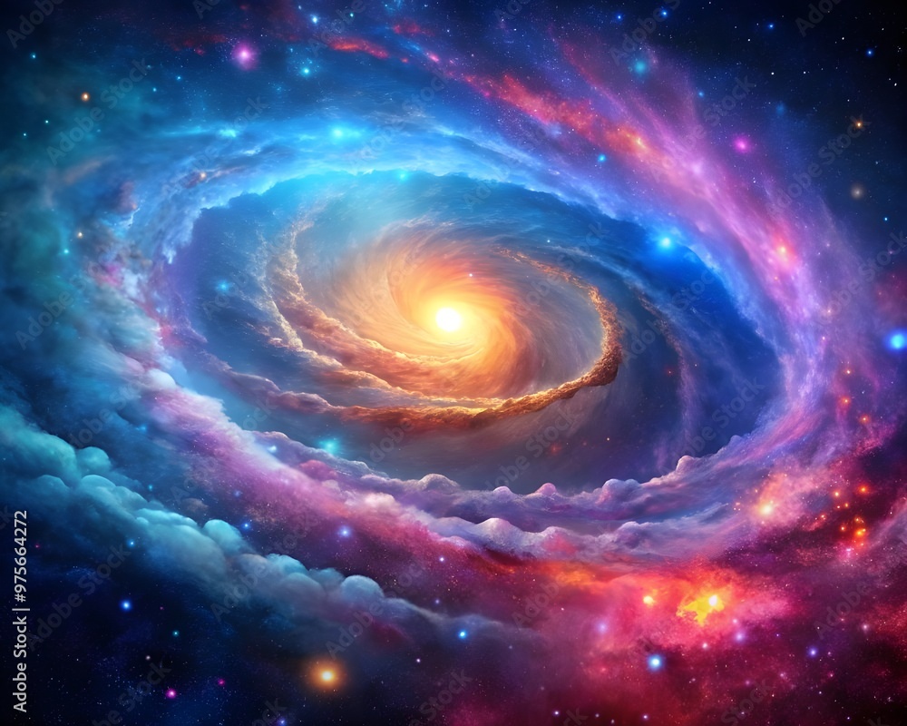 Serene Spiral Galaxy with Glowing Core Surrounded by Colorful Nebula and Stars background Serene Spiral Galaxy with Glowing Core Surrounded by Colorful Nebula and Stars background