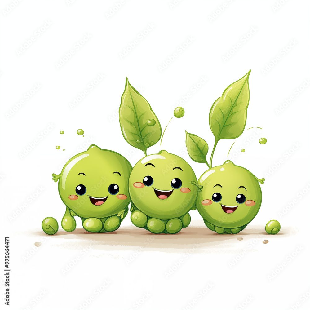 Obraz premium A delightful illustration of cute peas with happy faces, bringing charm and fun to any space. Perfect for veggie lovers, kids' room decor, or playful designs, this cheerful artwork adds a touch of whi