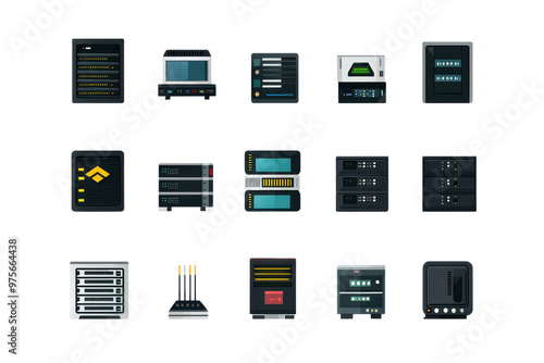 Set of icons representing various technology devices and servers used in data centers and IT infrastructure.