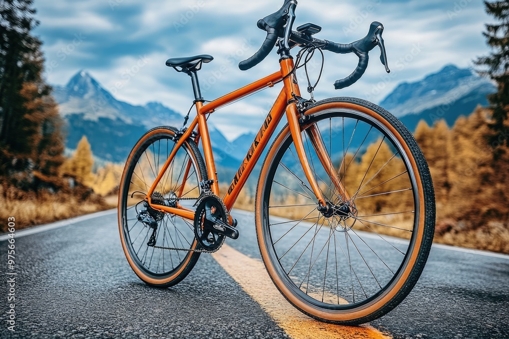 Orange Road Bike Parked on a Road with Mountains in the Background Orange Road Bike Parked on a Road with Mountains in the Background