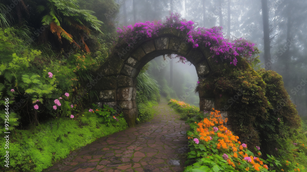 Obraz premium A picturesque scene of an old stone archway, partially covered in lush green foliage and vibrant flowers. The archway is set amidst a misty, forested backdrop, with a pathway leading through it