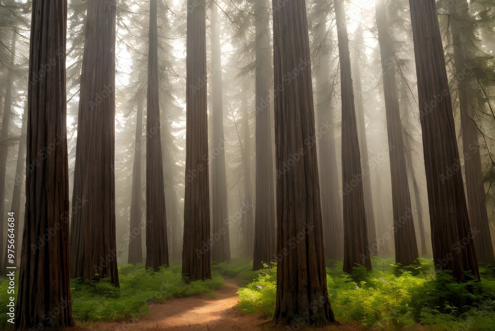 Naklejka premium 朝もやが立ち込めてわずかに光がさす、杉林の森林