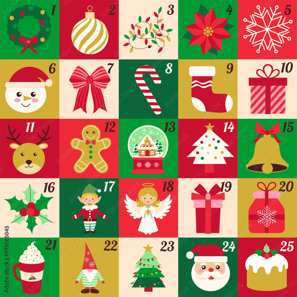 A colorful Christmas calendar with various festive images and numbers. The calendar features a variety of Christmas decorations such as a gingerbread man, a snowman, a reindeer, and a Santa Claus A colorful Christmas calendar with various festive images and numbers. The calendar features a variety of Christmas decorations such as a gingerbread man, a snowman, a reindeer, and a Santa Claus