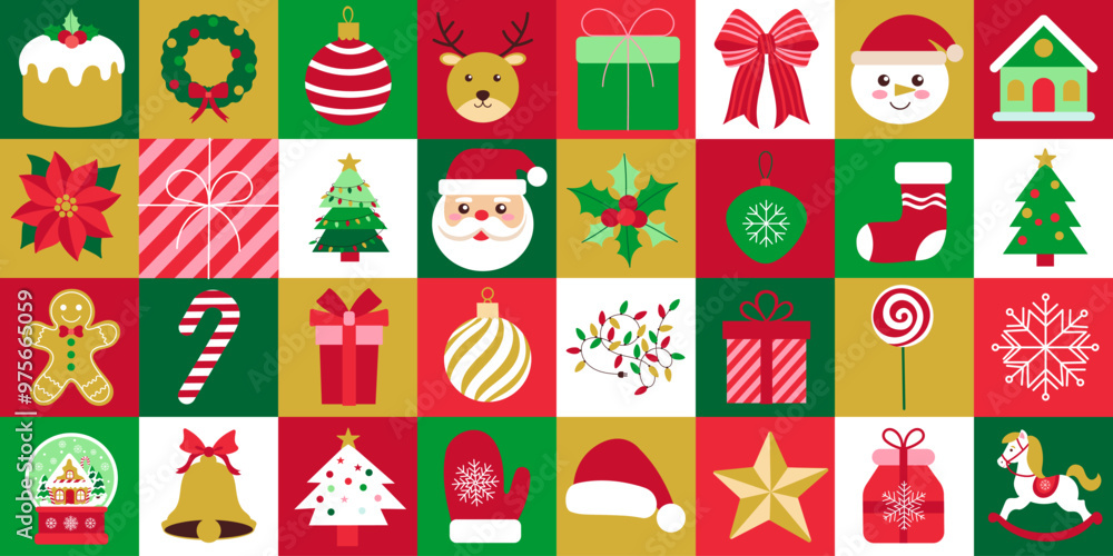 A colorful Christmas card with various festive symbols such as Santa Claus, Christmas trees, and gingerbread men A colorful Christmas card with various festive symbols such as Santa Claus, Christmas trees, and gingerbread men