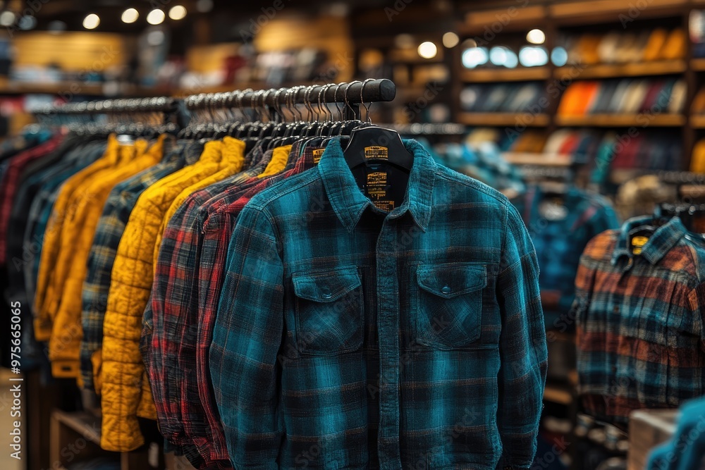 Plaid Flannel Shirts Hanging on a Rack in a Store Plaid Flannel Shirts Hanging on a Rack in a Store