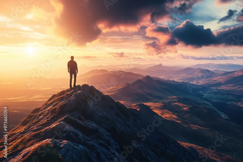 Person standing on mountain peak at sunset with breathtaking landscape view