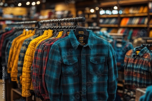Wallpaper Mural Plaid Flannel Shirts Hanging on a Rack in a Store Torontodigital.ca