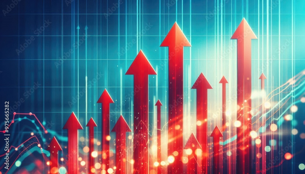 Red arrows pointing upwards against blurred blue and turquoise background, emphasizing growth, progress, success, achievement, stock market gain, rise, positive trends, aspiration, ambition Red arrows pointing upwards against blurred blue and turquoise background, emphasizing growth, progress, success, achievement, stock market gain, rise, positive trends, aspiration, ambition