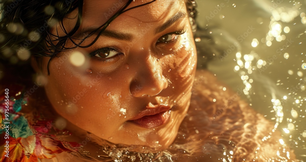 A woman is swimming gracefully in the clear water with her eyes closed A woman is swimming gracefully in the clear water with her eyes closed