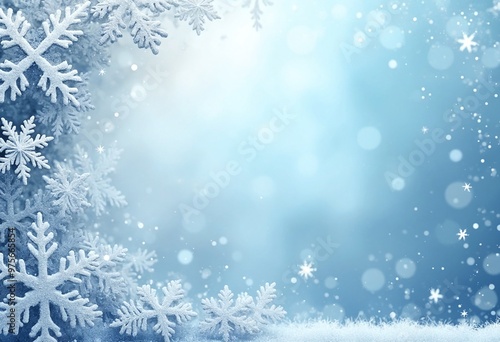 Snowflakes and frosty accents for a winter-themed background, copy space on a side