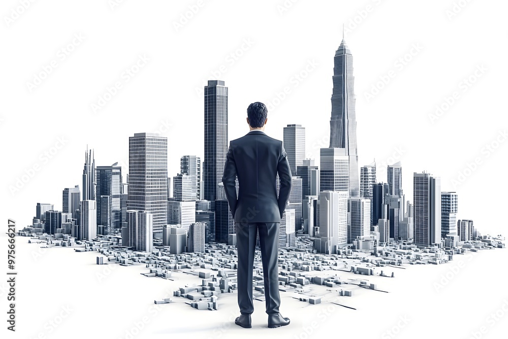 A man stands in front of a city skyline, looking up at the tall buildings A man stands in front of a city skyline, looking up at the tall buildings