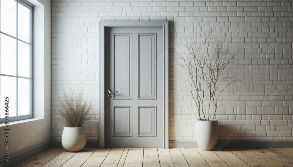 white brick wall, closed grey wooden door, light wooden floor, potted plant with branches white brick wall, closed grey wooden door, light wooden floor, potted plant with branches