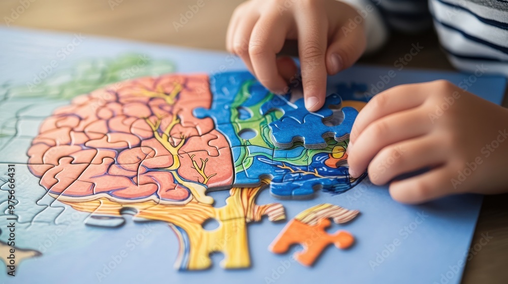 Child's Hands Assembling Brain Puzzle, a vibrant close-up showcasing a child's engagement with developmental stages, clear space for additional text on the left side. Child's Hands Assembling Brain Puzzle, a vibrant close-up showcasing a child's engagement with developmental stages, clear space for additional text on the left side.
