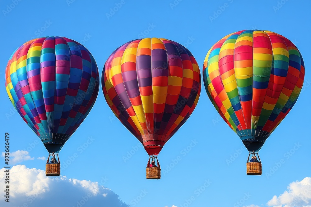Naklejka premium Three Colorful Hot Air Balloons Soaring Through a Blue Sky