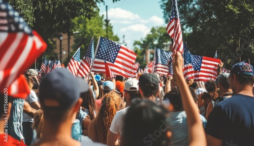 Crowd of people holding USA flags and cheering on demonstration photo