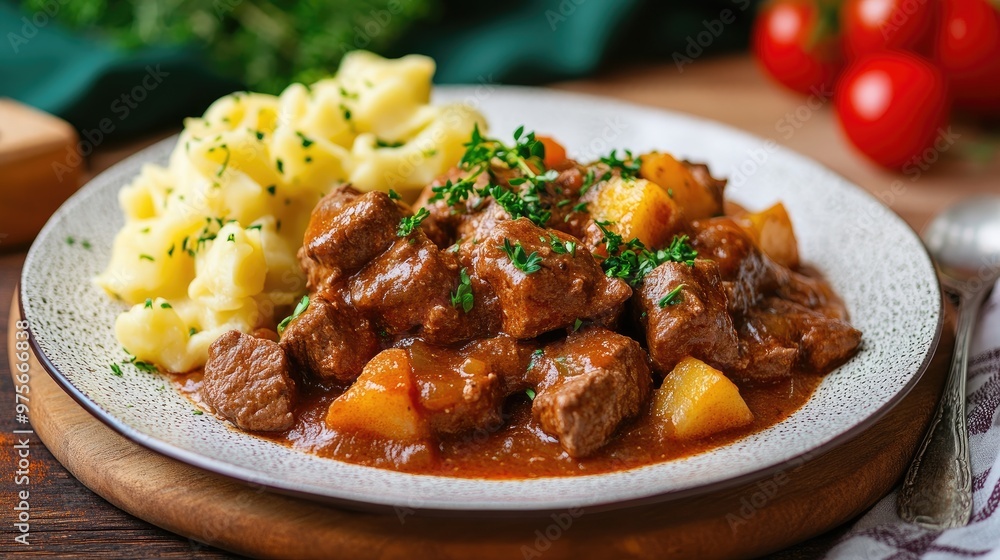 A delicious plate of Russian stroganoff, a beef stew. A delicious plate of Russian stroganoff, a beef stew.