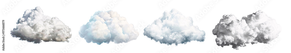 Four fluffy clouds in varying shades of white and gray on a bright background. Four fluffy clouds in varying shades of white and gray on a bright background.