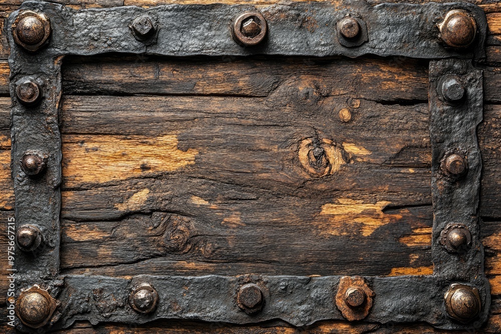 Weathered Wooden Plank with Iron Frame and Bolts Weathered Wooden Plank with Iron Frame and Bolts