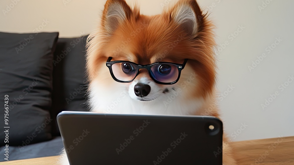 A dog wearing glasses, looking at an iPad with a puzzled expression. A dog wearing glasses, looking at an iPad with a puzzled expression.