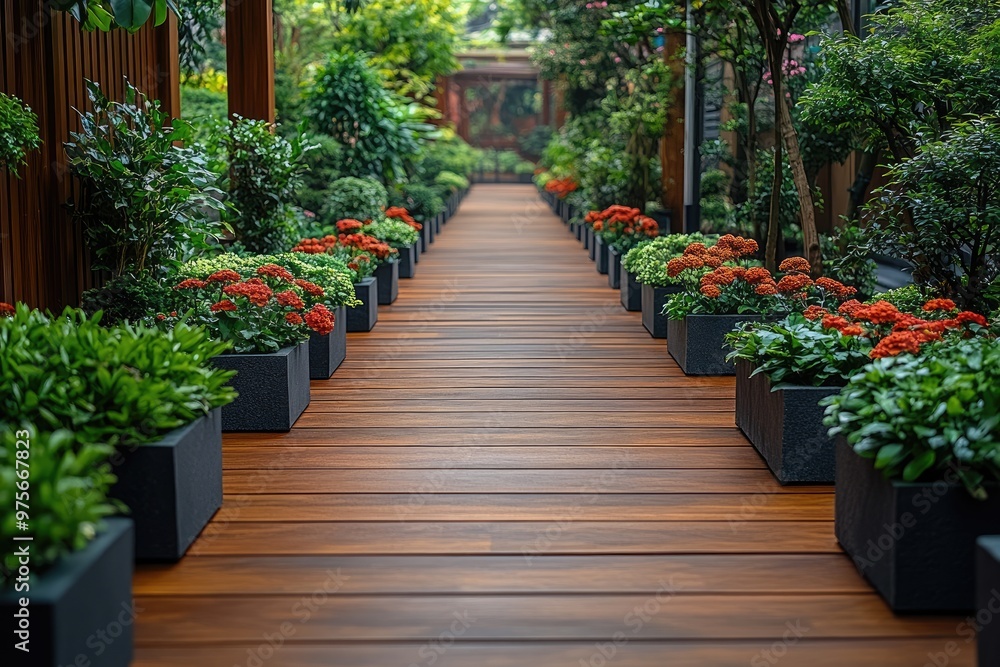 Wooden Pathway Lined with Flower Pots in a Garden Wooden Pathway Lined with Flower Pots in a Garden