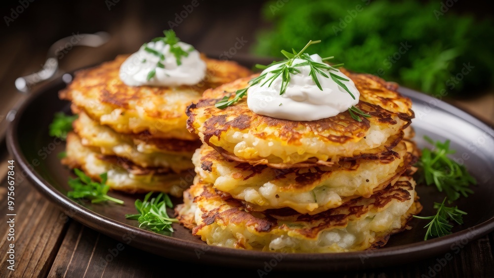 Potato pancakes with sour cream and herbs, fried in a frying pan. A traditional dish of European cuisine. Potato pancakes with sour cream and herbs, fried in a frying pan. A traditional dish of European cuisine.