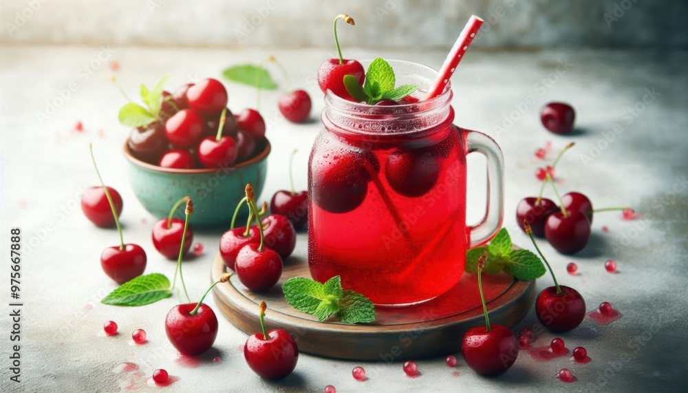 A glass jar filled with a vibrant red cherry beverage, freshly picked cherries scattered around, garnished with mint leaves on a rustic light background, summer refreshment, juice dripping down the si A glass jar filled with a vibrant red cherry beverage, freshly picked cherries scattered around, garnished with mint leaves on a rustic light background, summer refreshment, juice dripping down the si