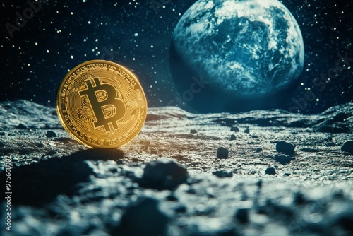 A digital cryptocurrency coin on a lunar surface with Earth visible in the background, symbolizing futuristic financial concepts. photo