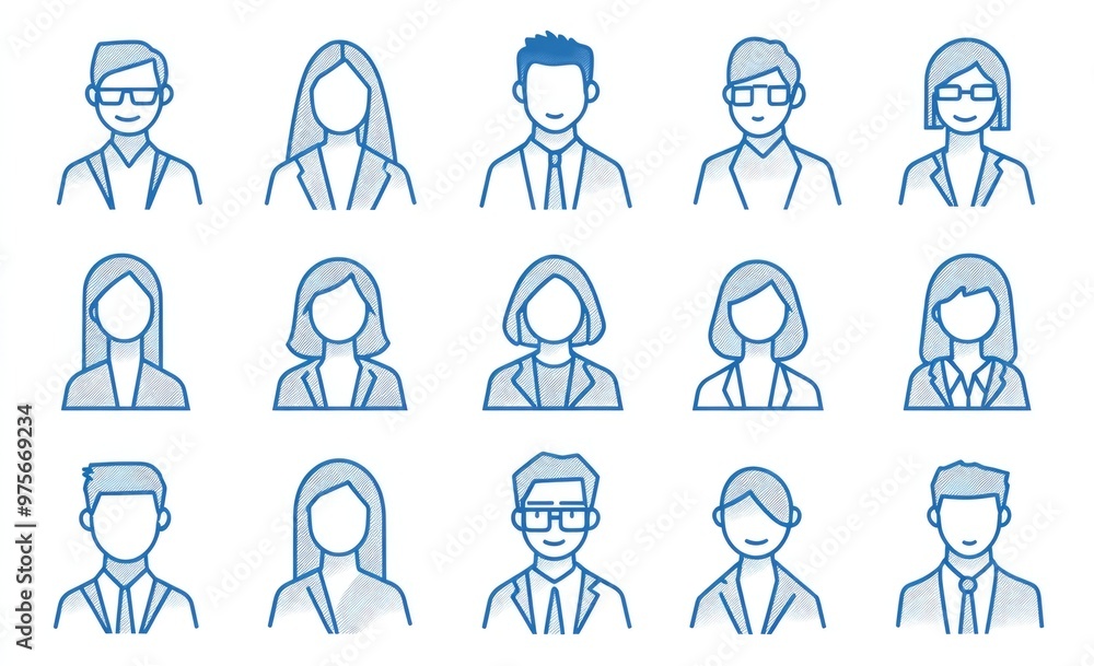 Minimalist line art icon set of people, business team in the office attire with blue lines on a white background. Simple icons for profile pictures or social media profile pictures Minimalist line art icon set of people, business team in the office attire with blue lines on a white background. Simple icons for profile pictures or social media profile pictures