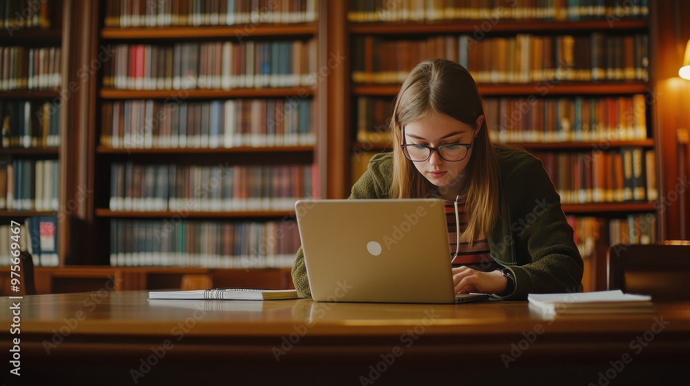 Focused Student Using a Laptop: A student sitting at a desk in the library, using a laptop for research and taking notes in a notebook. Focused Student Using a Laptop: A student sitting at a desk in the library, using a laptop for research and taking notes in a notebook.