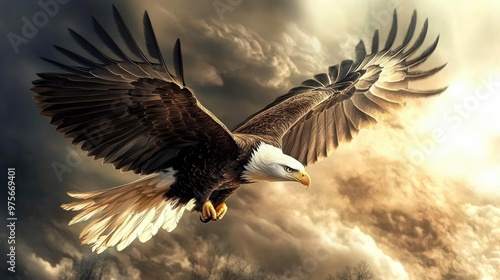 Wallpaper Mural A majestic bald eagle soaring through the sky, its sharp eyes scanning the ground below. Torontodigital.ca