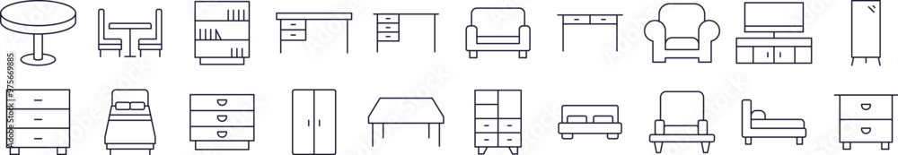 Table, Closet, Mirror, Chair and Table Outline Web Line Icons Collection. Editable Stroke. Minimalistic Linear Pictogram for Design of Cards, Apps, Banners, Posts Table, Closet, Mirror, Chair and Table Outline Web Line Icons Collection. Editable Stroke. Minimalistic Linear Pictogram for Design of Cards, Apps, Banners, Posts