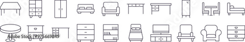 Set of Line Icons of Table, Closet, Mirror, Chair and Table. Editable Stroke. Minimalistic Linear Pictogram for Design of Cards, Apps, Banners, Posts