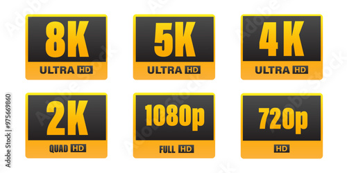 Ultra Hd icon collection. 720  1080  4K  5K and 8K symbol of High Definition monitor display resolution standard. Label for device screen. 