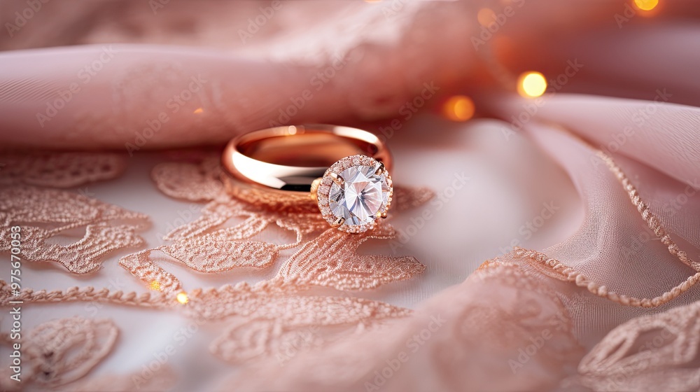 Classic wedding ring with diamond on a delicate lace background, high-quality jewelry Classic wedding ring with diamond on a delicate lace background, high-quality jewelry