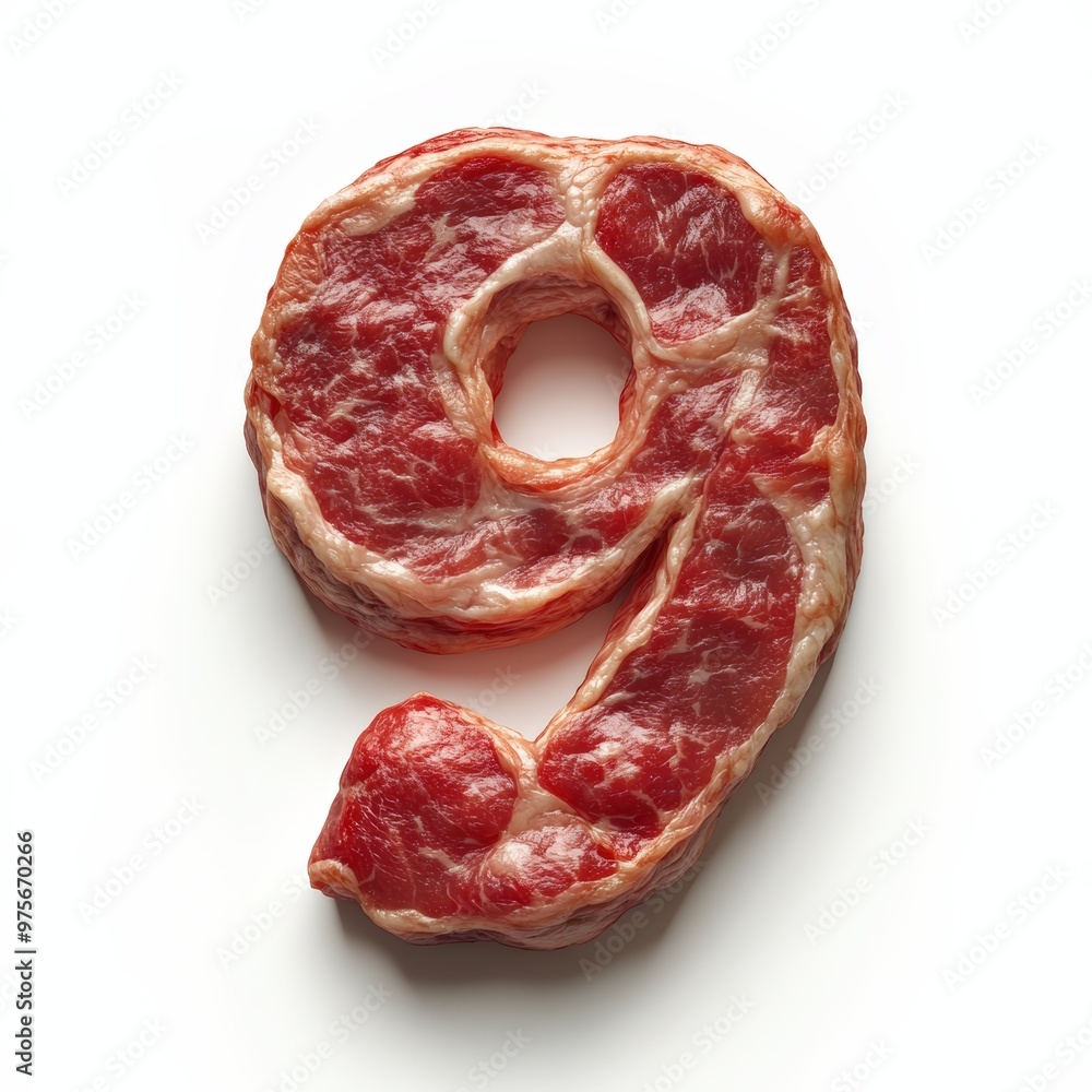 Obraz premium 3D number 9 with fresh meat texture realistic modern design, soft lighting, white background. 