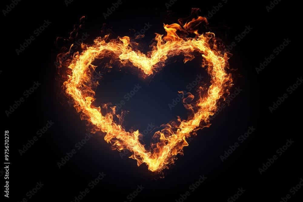 Flames shaped like a heart flicker gently against a pitch-black background Flames shaped like a heart flicker gently against a pitch-black background