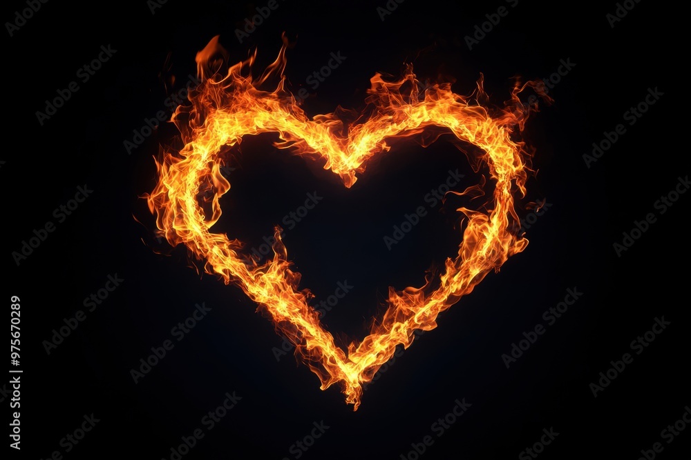 Fototapeta premium Flames shaped like a heart flicker gently against a pitch-black background
