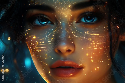 Portrait of a woman with glowing blue and golden neural particles on her face representing the integration of human thought and artificial intelligence through advanced neural technology