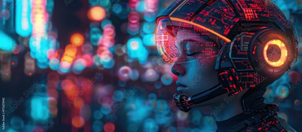 Close up futuristic portrait of a woman wearing a glowing red helmet with holographic interface displays against a backdrop of a neon lit dystopian city at night Close up futuristic portrait of a woman wearing a glowing red helmet with holographic interface displays against a backdrop of a neon lit dystopian city at night