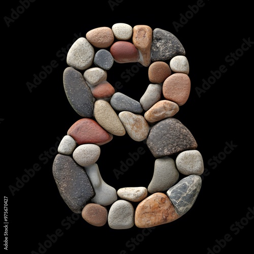 Stone Number 8, Alphabet 8 Made of Stones Isolated on Black Background, Textured Typography with Pebbles photo